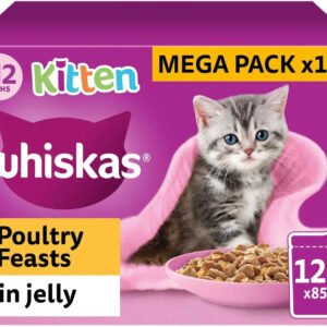 120 x 85g Whiskas Kitten Poultry Feasts Mixed Wet Cat Food Pouches in Jelly