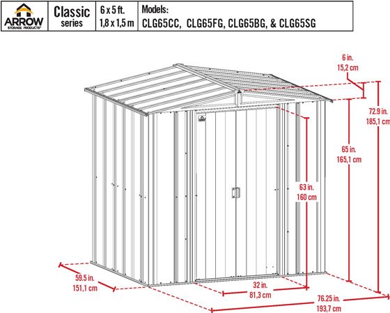 Arrow 6x5 Blue Gray Classic Steel Shed Kit Measurements Diagram