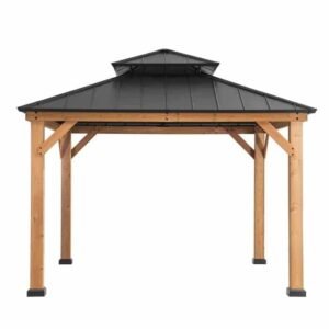 Sunjoy Outdoor Patio Black 2-Tier Wooden Frame Backyard Hardtop Gazebo with Ceiling Hook